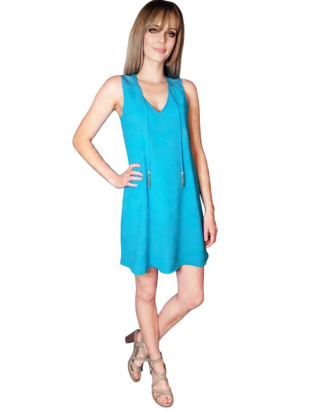 Trina Turk Arlene Mini Shift Dress Chain Link Tassels Blue Grotto Split V Neck